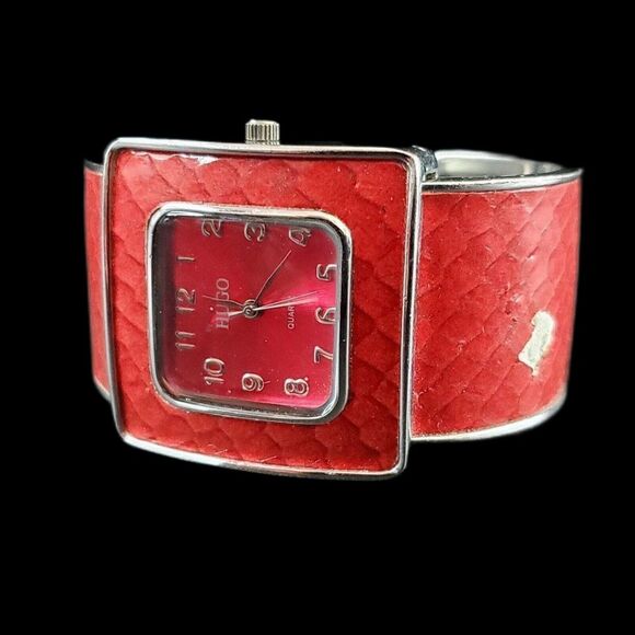 HUGO Quartz Red Y2k Big Statement Square Stainless Steel Cuff Ladies Watch - Picture 2 of 8
